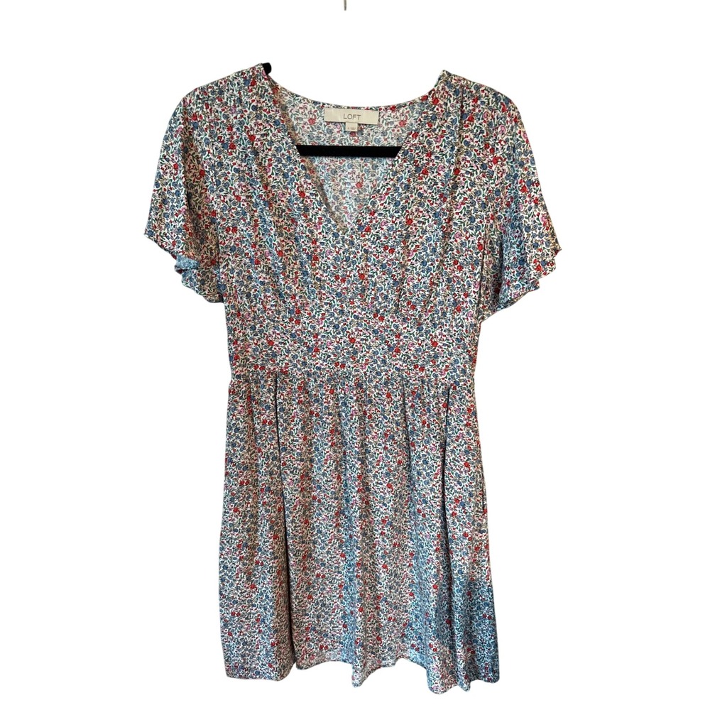 LOFT Floral V-Neck Mini Dress Womens 2 Blue Red Excellent Smocked Flutter Sleeve